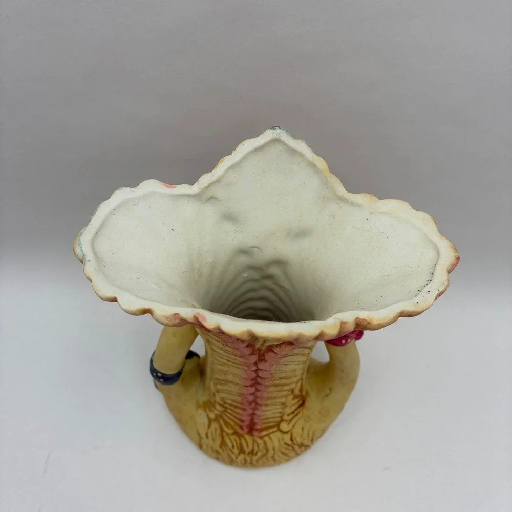 Vintage Ceramic Double Goose Vase Pink Yellow Scalloped Rim Cottagecore 8 in
